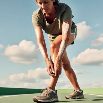 Woman applying kinesio tape on knee