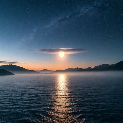 Moon over mountains and lake