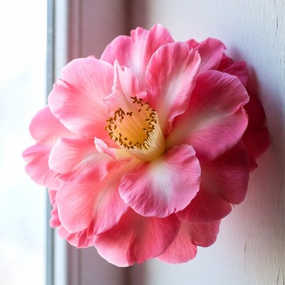 Pink Camellia Flower Against White Wall