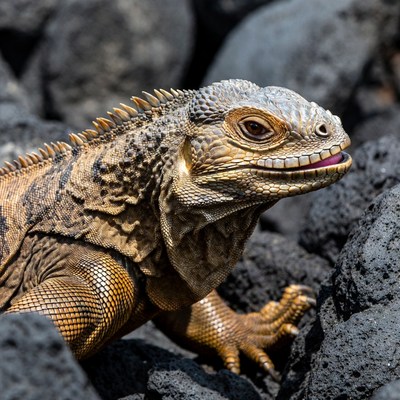 Iguana on black rocks