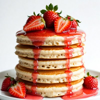 Stack of Pancakes with Strawberries and Syrup