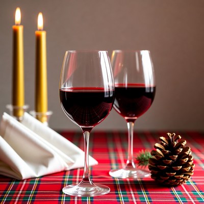 Two red wine glasses with candles