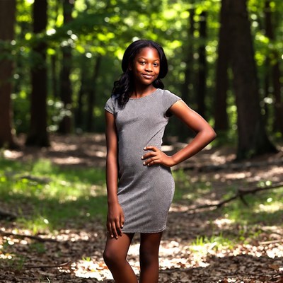 African-American girl in gray dress forest