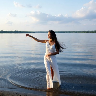 Woman in white dress wading lake