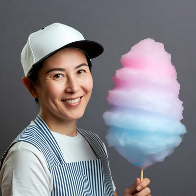 Asian woman holding colorful cotton candy