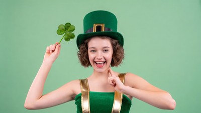 Girl in green leprechaun costume holding shamrock