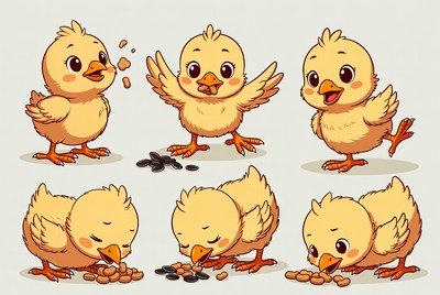 Cute Cartoon Chicks Eating Seeds