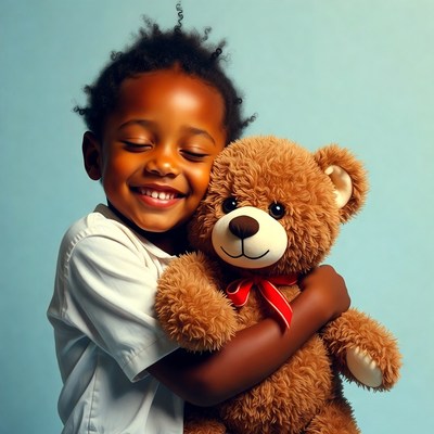 African-American boy hugging teddy bear