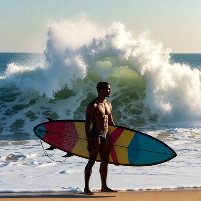 Muscular Black Surfer Holding Colorful Surfboard