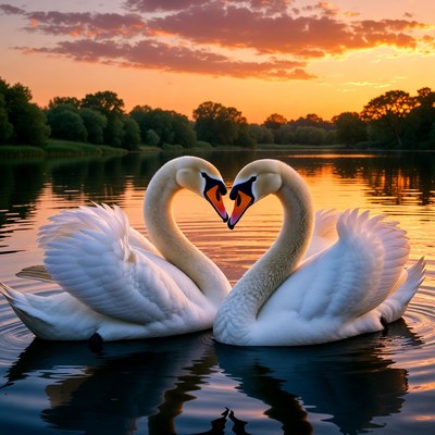 Two Swans Forming Heart Sunset Lake