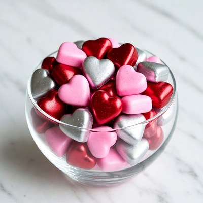 Colorful heart candies in glass bowl