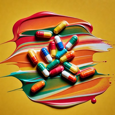 Colorful pills on paint splatter