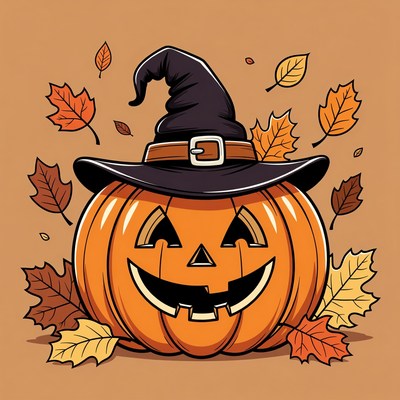 Jack-o'-lantern with witch hat and autumn leaves