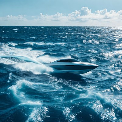 Speedboat racing across ocean waves