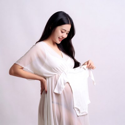 Asian pregnant woman holding baby onesie