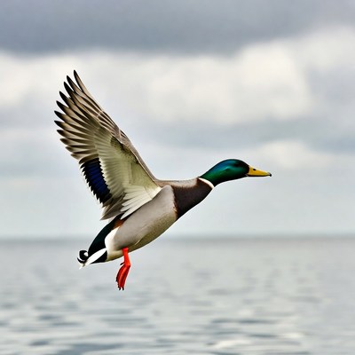 Mallard Duck Flying over Water