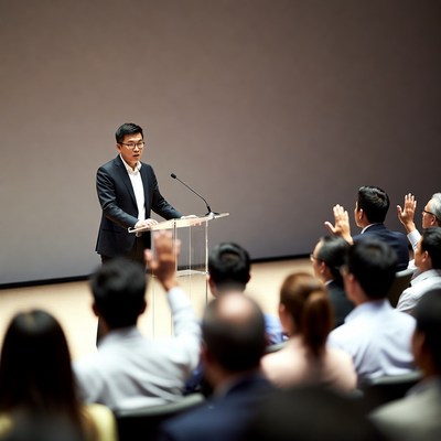 Asian man speaking at conference