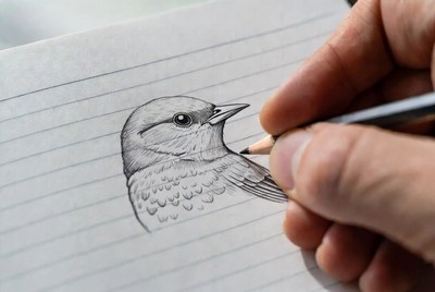 Hand drawing bird sketch on notebook