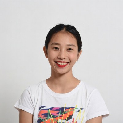 Asian woman smiling in white t-shirt