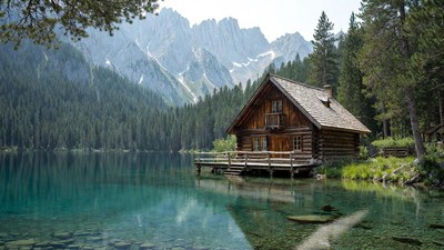 Wooden cabin by turquoise lake mountains