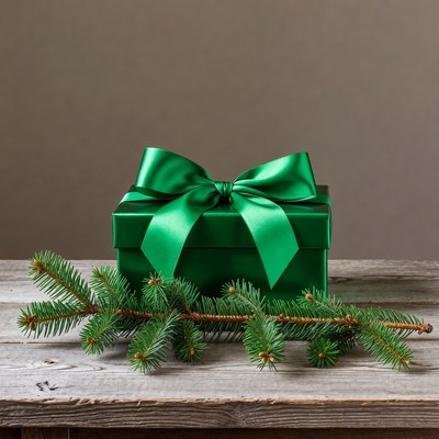 Green Christmas Gift Box with Pine Branches
