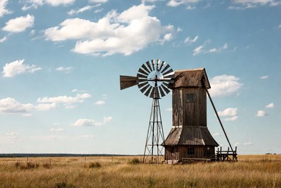 Old wooden windmill in grassy field