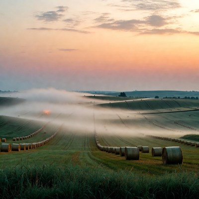Hay bales in foggy field at sunset