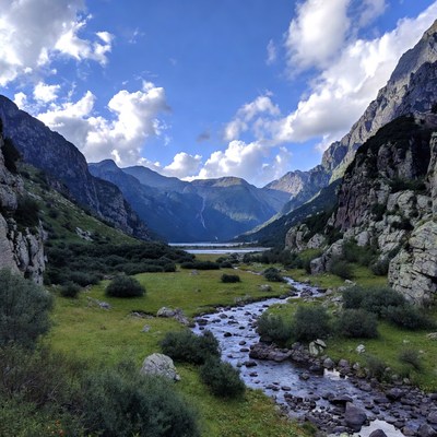 Mountain Lake with River and Valley
