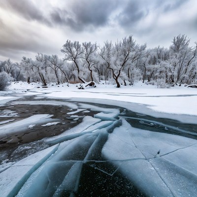 Frozen River Cracked Ice Snowy Trees