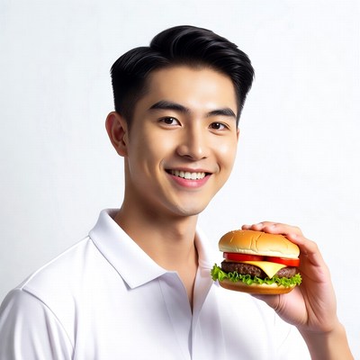 Asian man holding burger