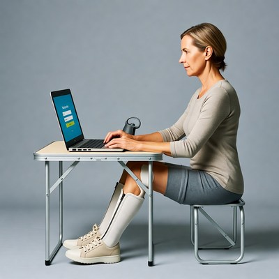 Woman with leg brace using laptop