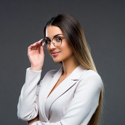 Woman adjusting glasses in suit