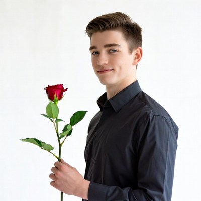 Young man holding red rose