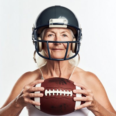 Elderly woman holding football in helmet