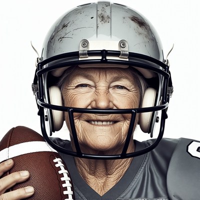 Elderly woman in football helmet holding ball