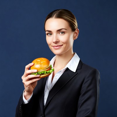 Woman holding burger in suit