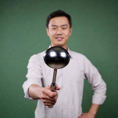 Asian man holding silver whisk