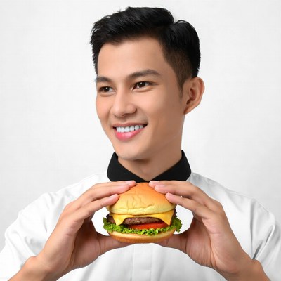 Asian chef holding burger