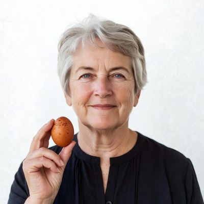 Elderly woman holding brown egg