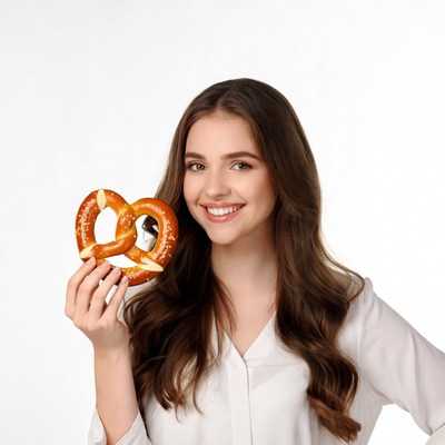 Young woman holding giant pretzel