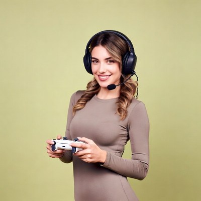 Woman gaming with headset and controller