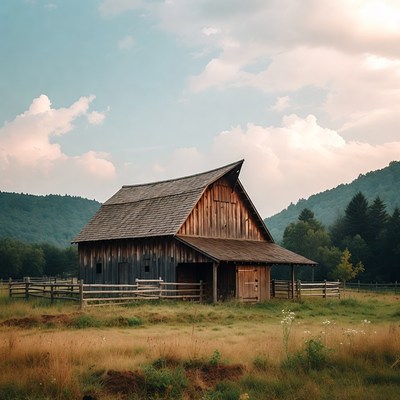 Rustic Wooden Barn in Mountain Meadow