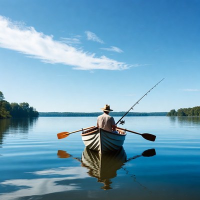 Man fishing from rowboat on lake