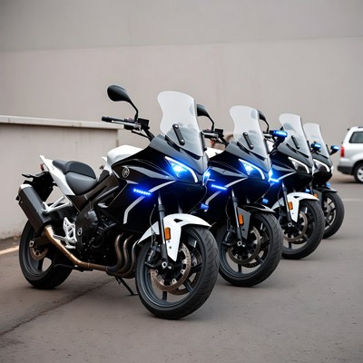 Four Yamaha Police Motorcycles Parked