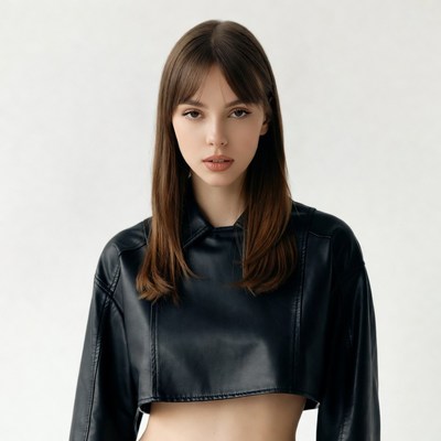 Woman in black leather crop jacket