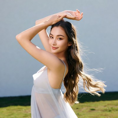 Asian woman posing in sheer dress