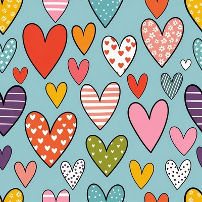 Colorful Hearts Pattern on Blue Background