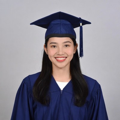 Asian woman in blue graduation gown