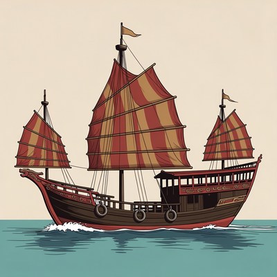 Chinese Junk Ship Sailing