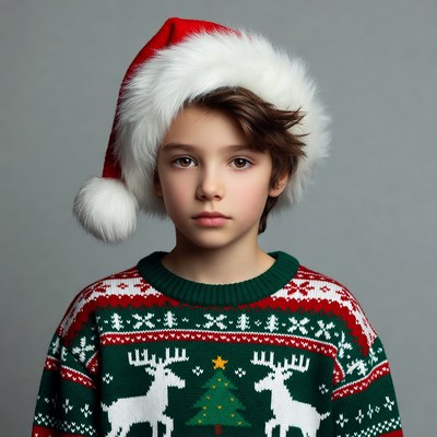 Boy wearing Santa hat reindeer sweater